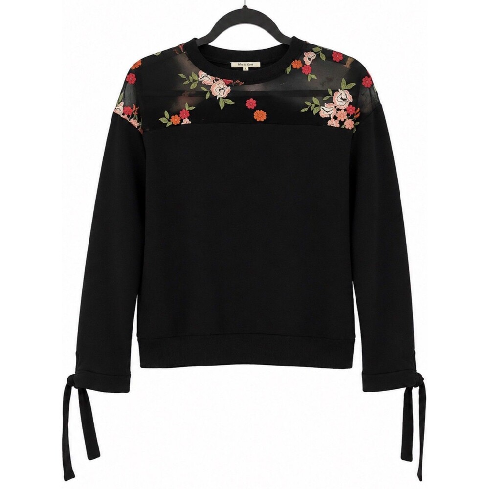 BLEUH CIEL Floral Embroidered Mesh Yoke Sweatshirt Tie Cuff Black S Fairycore